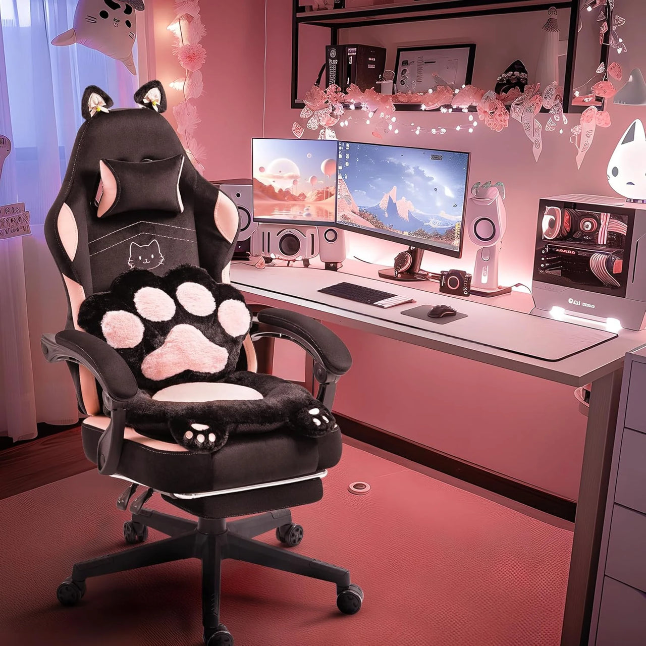 Cute Cat Ears Ergonomic Anime Gaming Chair - FIHEROE.