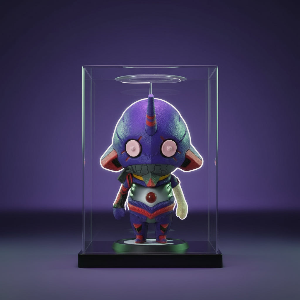 Colorful figurine with a purple and red design, neon genesis evangelion eva-01 chibi figure