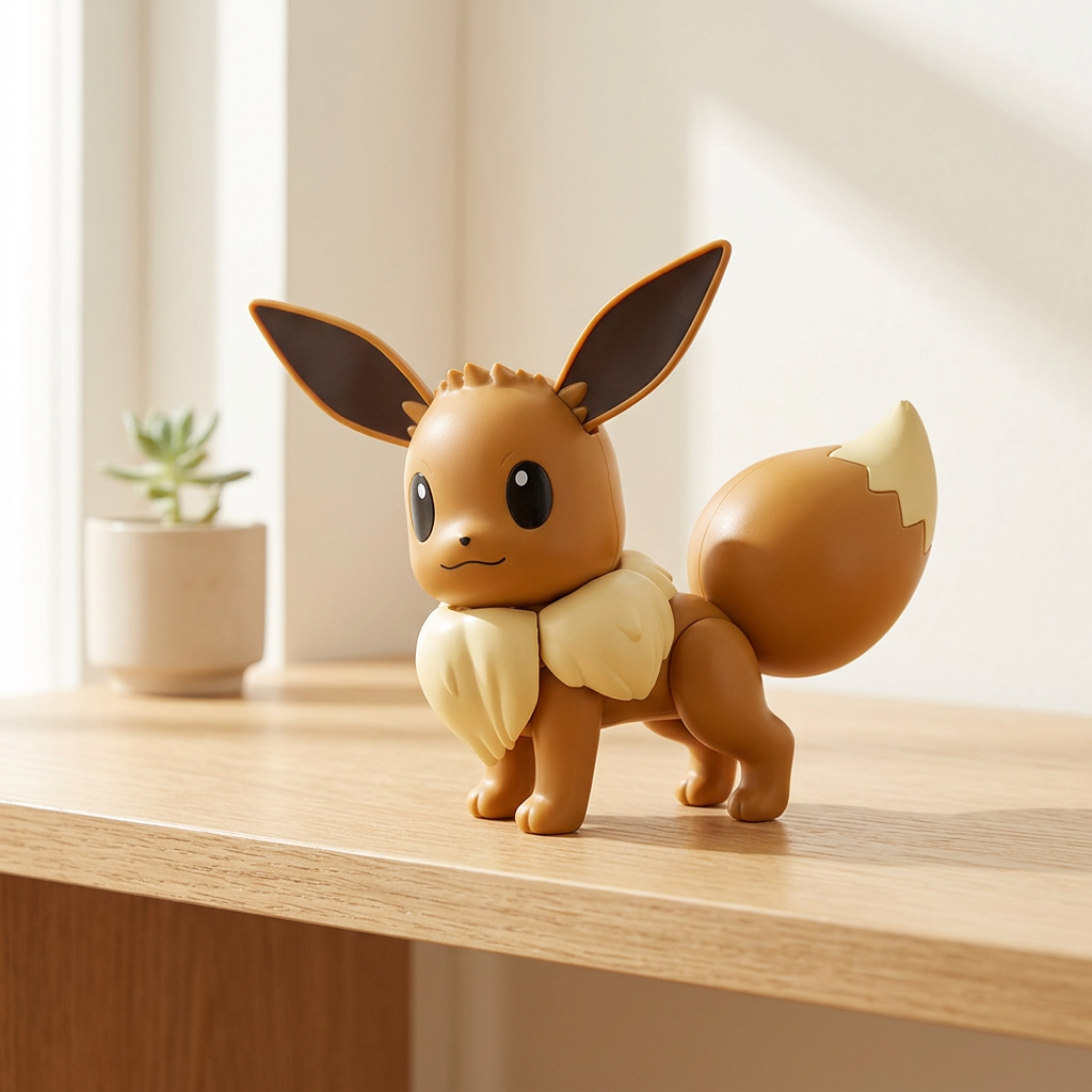 Nintendo Pokémon Eevee rechargeable interactive figure looking back on a light wood shelf