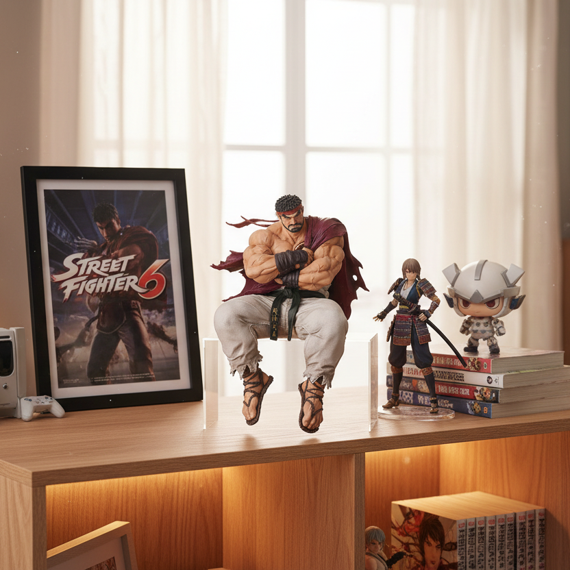 Fictional character figurines on a desk with 'Street Fighter 6' poster
