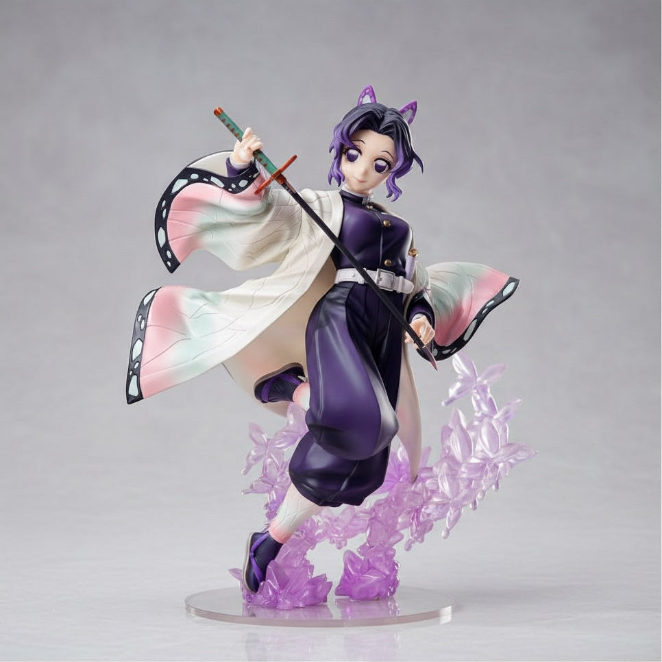 Animated character figurine in a dynamic pose with a purple aura on a gray background
