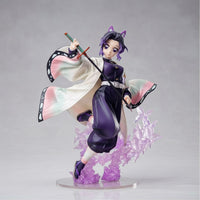 Animated character figurine in a dynamic pose with a purple aura on a gray background