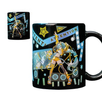 Mug with character design before and after discoloration on a white background