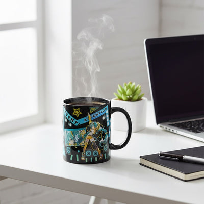 Mug with superhero design on a desk with laptop and notebook
