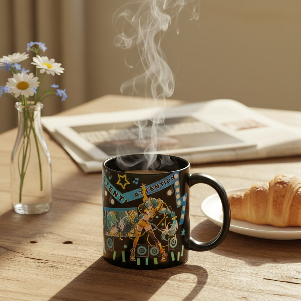 Steaming mug on a table with flowers, book, and croissant in the background