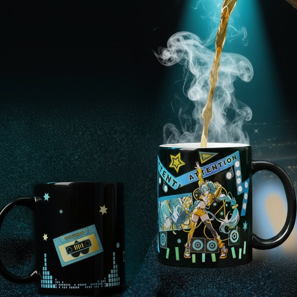 Mug with a design of a person in a costume and text, with steam rising from it.