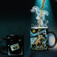 Mug with a design of a person in a costume and text, with steam rising from it.