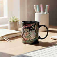 Decorative mug on a desk with a keyboard and office supplies in the background