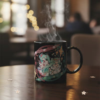 Steaming mug on a table with a blurred indoor background