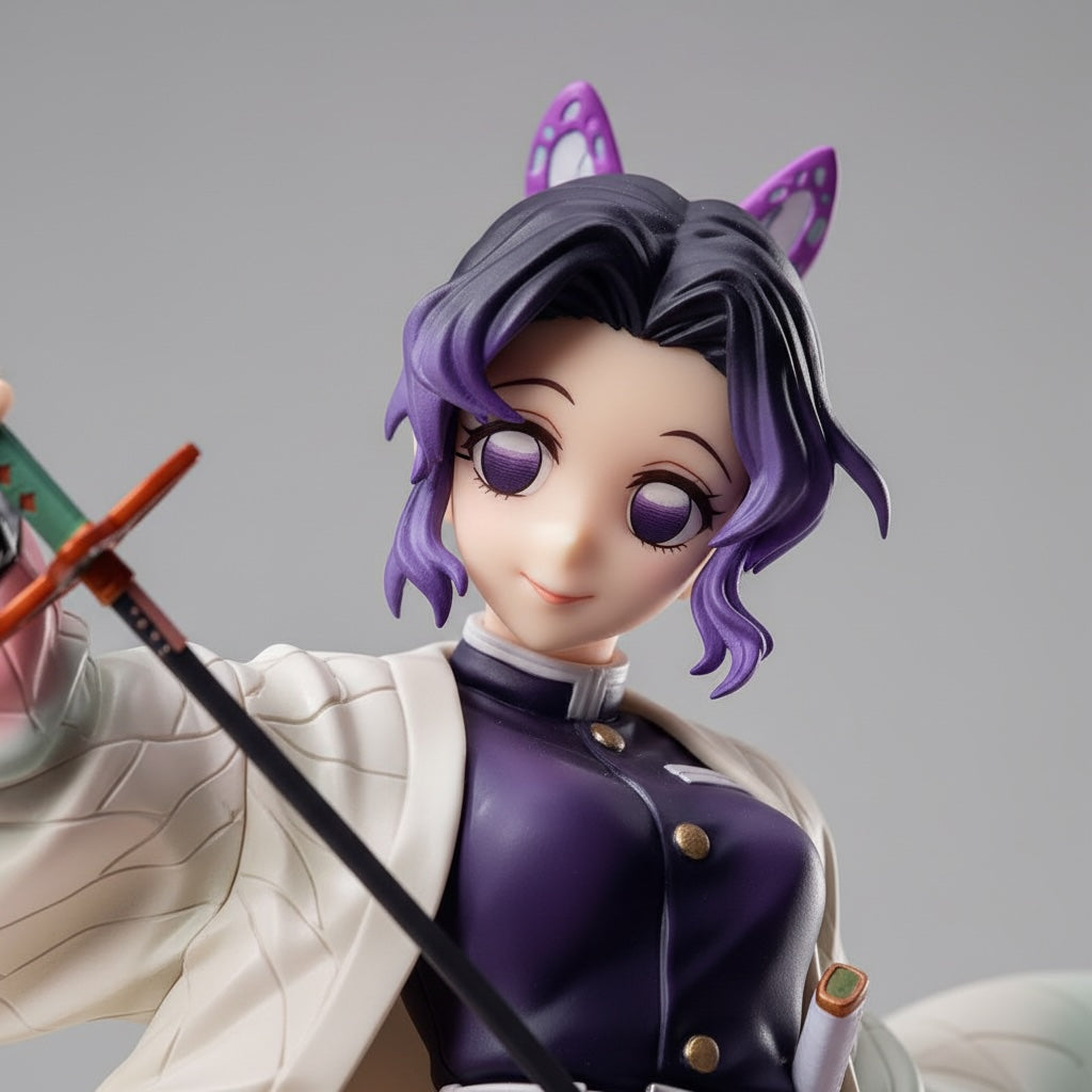 Figurine with purple hair and cat ears holding a smartphone on a gray background