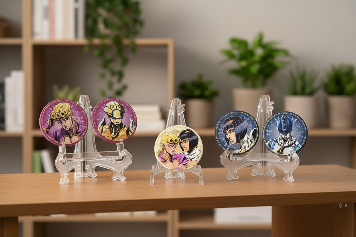 Insignias de anime holográficas de personajes de Golden Wind de JJBA