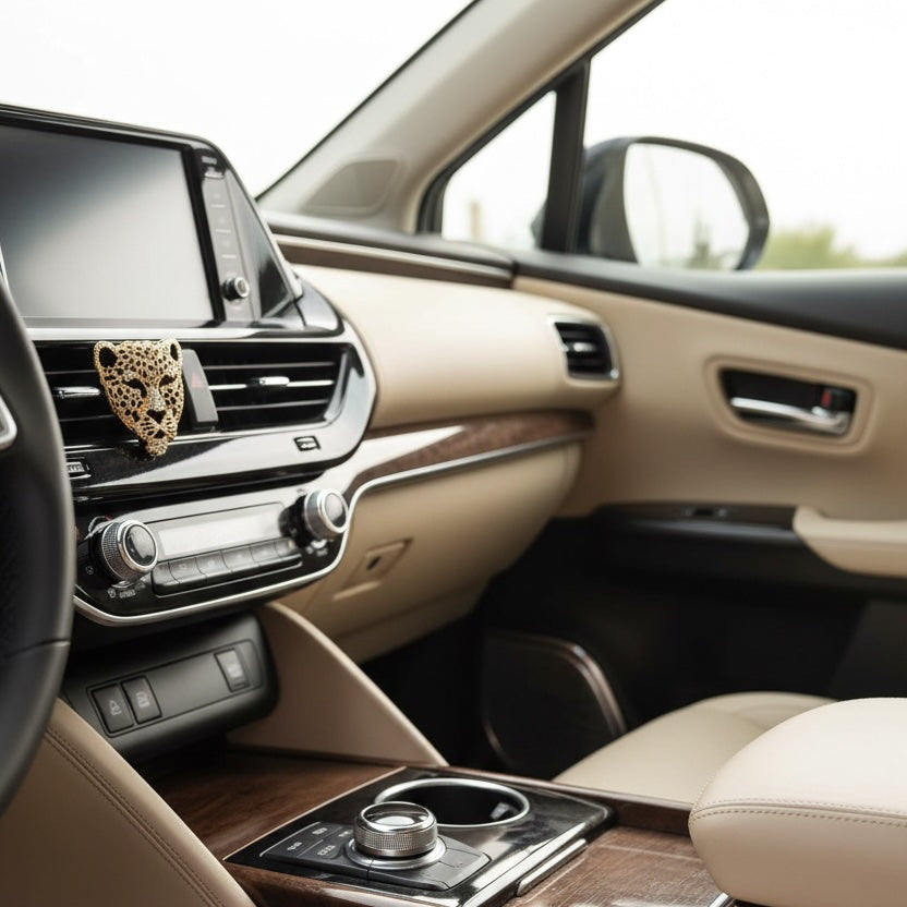 Luxury car interior with beige leather and wood accents
