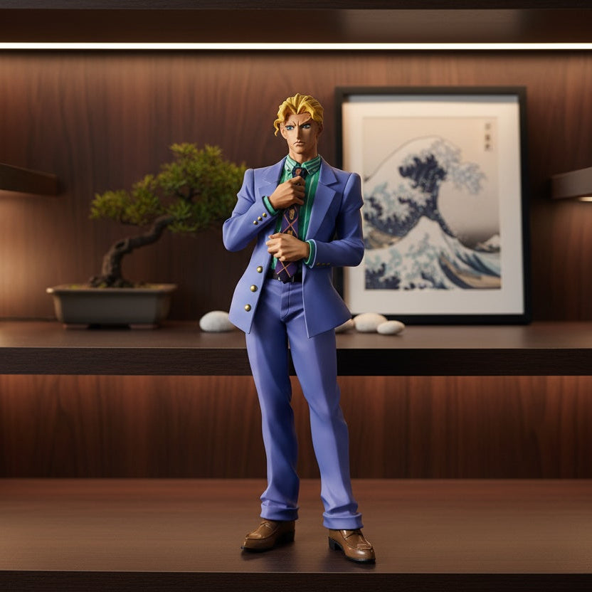 Mannequin in a blue suit standing in a room with a lamp, bonsai tree, and framed picture on a wooden shelf.