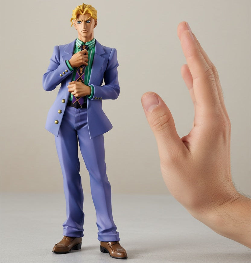 Action figure in a purple suit next to a hand on a neutral background