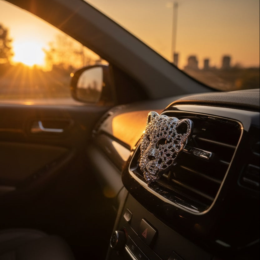 Car interior with leopard print air freshener on dashboard during sunset.