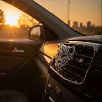 Car interior with leopard print air freshener on dashboard during sunset.
