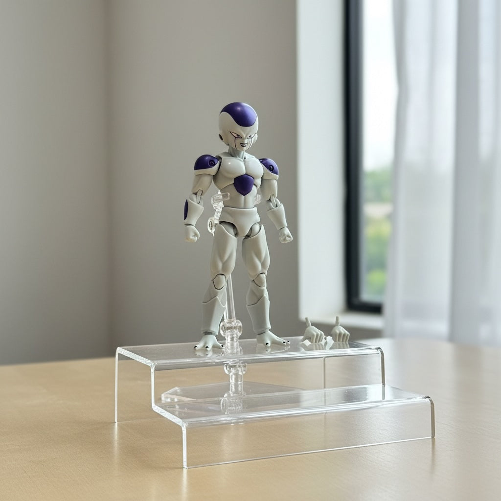 Action figure on a clear stand in a room with a window