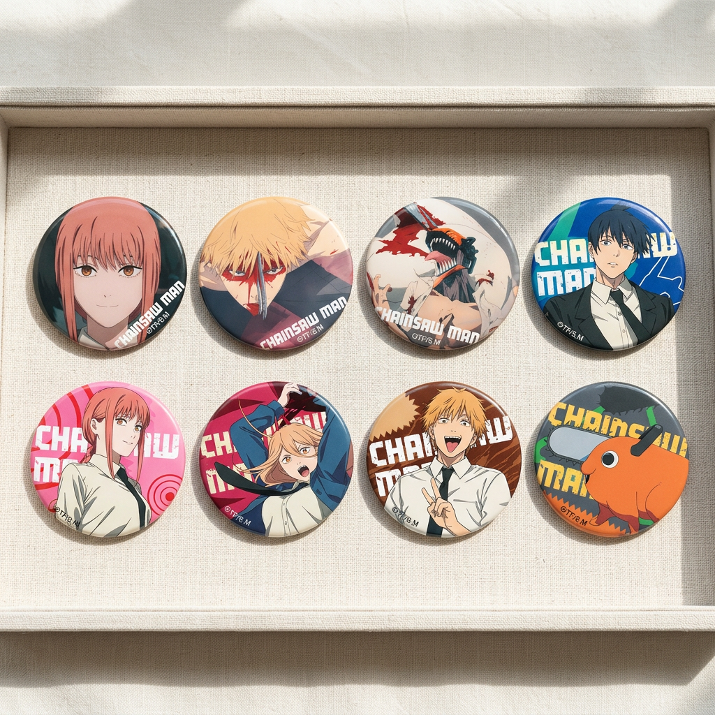 Chainsaw Man Omomori tinplate pin badge blind box collection arranged in a linen-lined tray