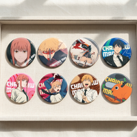 Chainsaw Man Omomori tinplate pin badge blind box collection arranged in a linen-lined tray