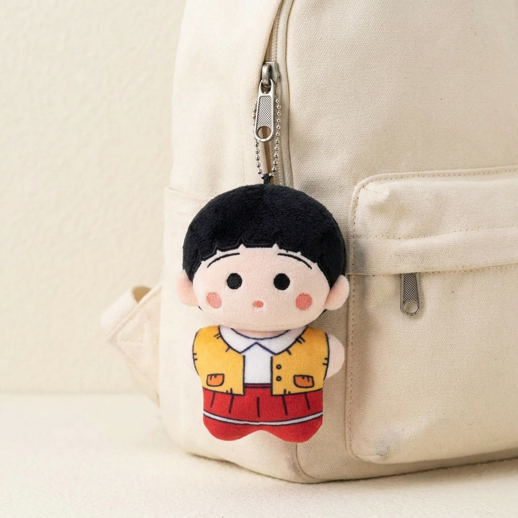 Plush charm displayed on a cream backpack