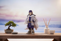 Toy figure in a fantasy outfit standing on a wooden table with decorative items and a scenic background.