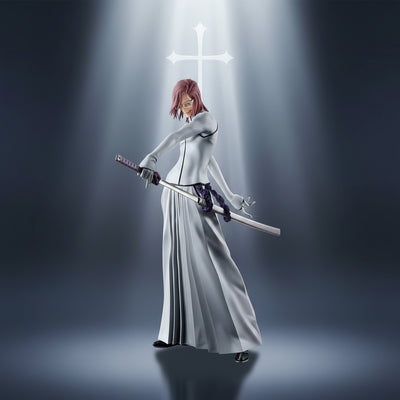 Character in a white outfit with a sword on a dark background