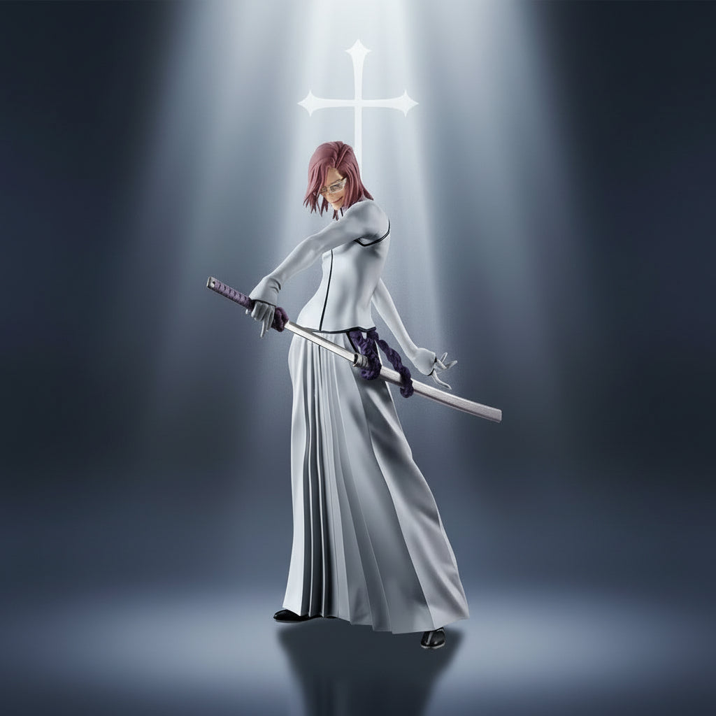 Character in a white outfit with a sword on a dark background