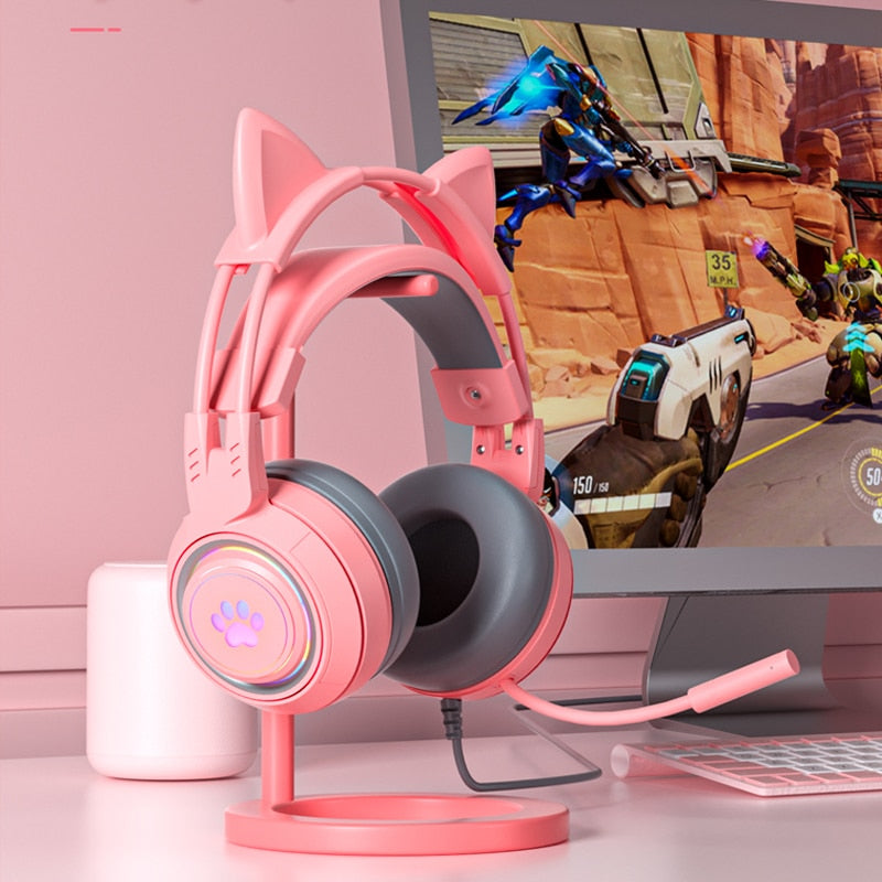 Anime Cat Ears Paw Print Wired Gaming Headphones - FIHEROE.