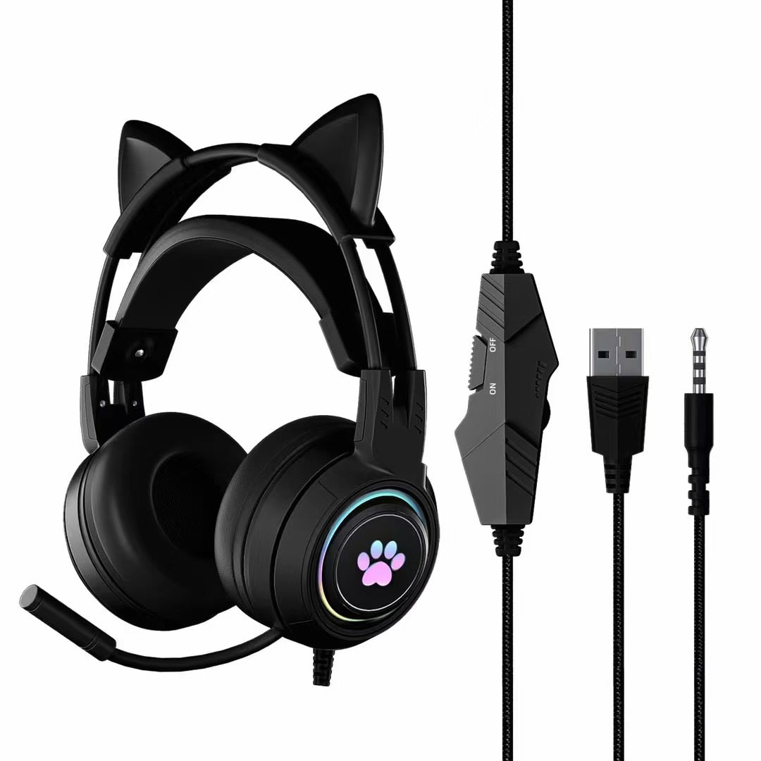 Anime Cat Ears Paw Print Wired Gaming Headphones - FIHEROE.