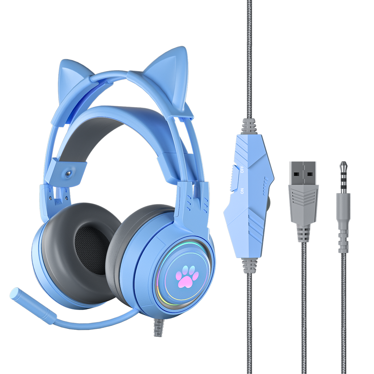 Anime Cat Ears Paw Print Wired Gaming Headphones - FIHEROE.